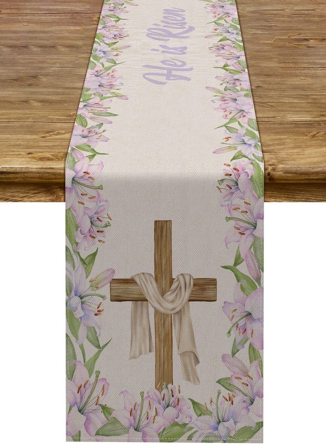 Pudodo He is Risen Table Runner Easter Christian Cross Resurrection Lily Flower Spring Holiday Party Kitchen Dining Home Decor - Image 1